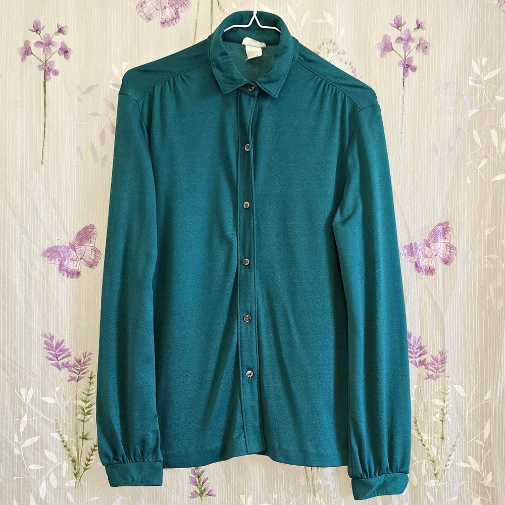 1980s Vintage Shirt 80s Button Down Vera Neumann Blouse Blue Green Medium Large